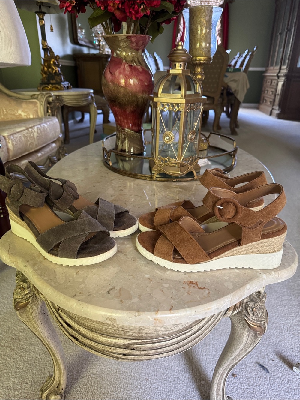 Easy Spirit Suede Crisscross Wedge Sandals in Brown and Gray